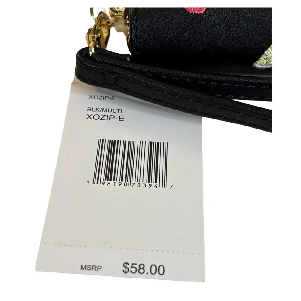Betsey Johnson Fruit Embroidered Black Zip-Around Wristlet w/ Detachable Strap.
